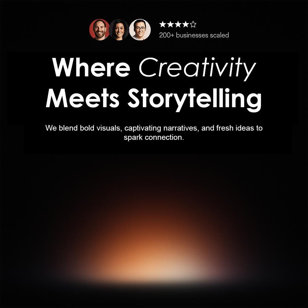 Creative agency graphic showcasing the tagline ‘Where Creativity Meets Storytelling’ with supporting lines about blending design, storytelling, and fresh ideas.