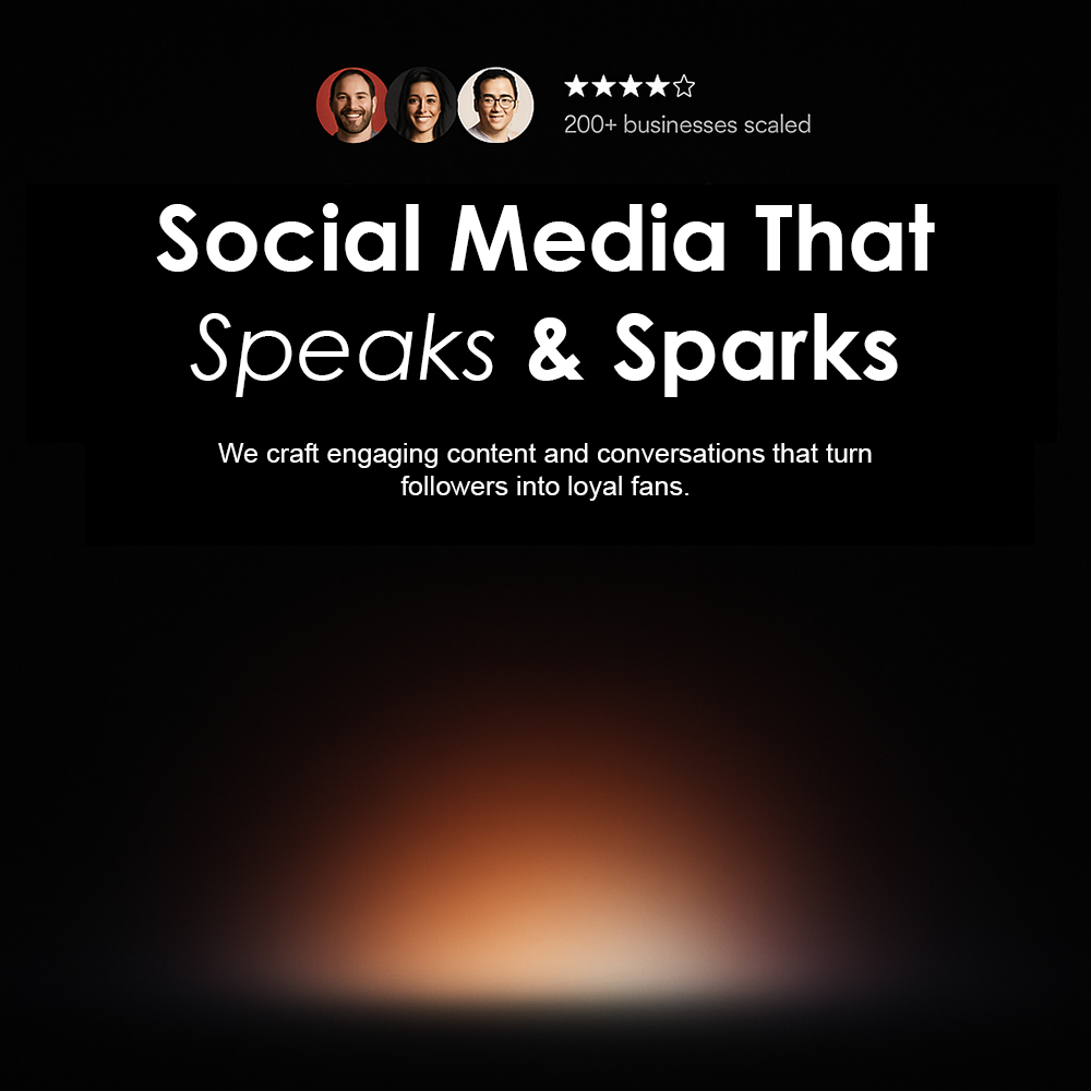 Visual with the tagline ‘Social Media That Speaks & Sparks’ emphasizing creative content, strategy, and storytelling to grow online communities.